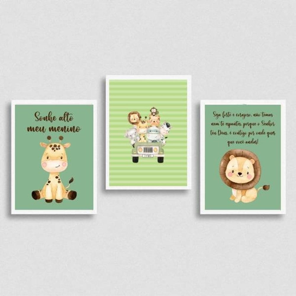 Kit 3 Quadros Tema Safari Infantil Sonhe Alto 45X34Cm Branca