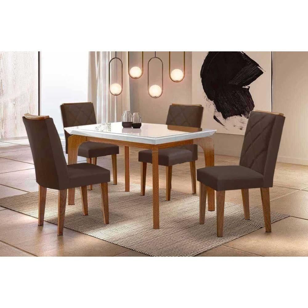 Conjunto: Mesa de Cozinha Londrina Tampo c/ Vidro Curvo 120cm 4 Cadeiras Pietá Madeira Naturale/Off White - Capuccino/Suede Capuccino - Rufato