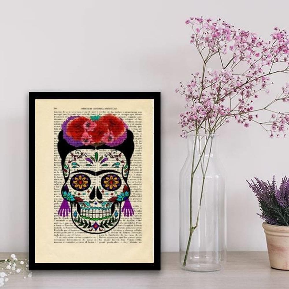 Quadro Caveira Mexicana Feminino 24X18Cm Com Vidro - Preta
