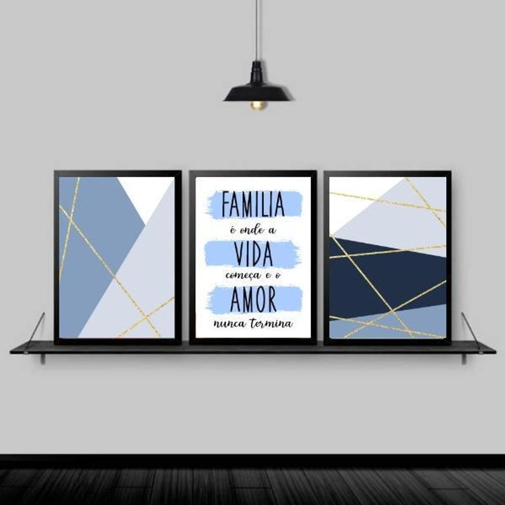 Kit 3 Quadros Família Vida Amor Azul 45X34 C/Vidro - Preta