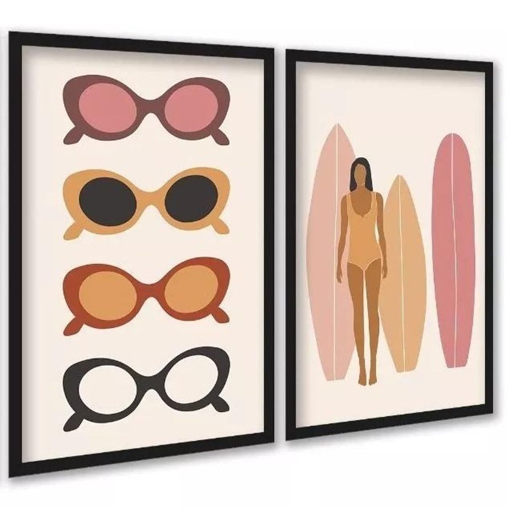 Kit 2 Quadros Óculos De Sol E Prancha De Surf 24X18Cm