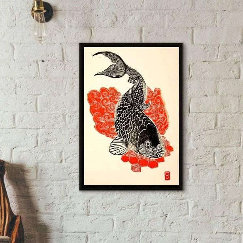 Quadro Decorativo Carpa Japonesa 45X34Cm Vidro Moldura Preta