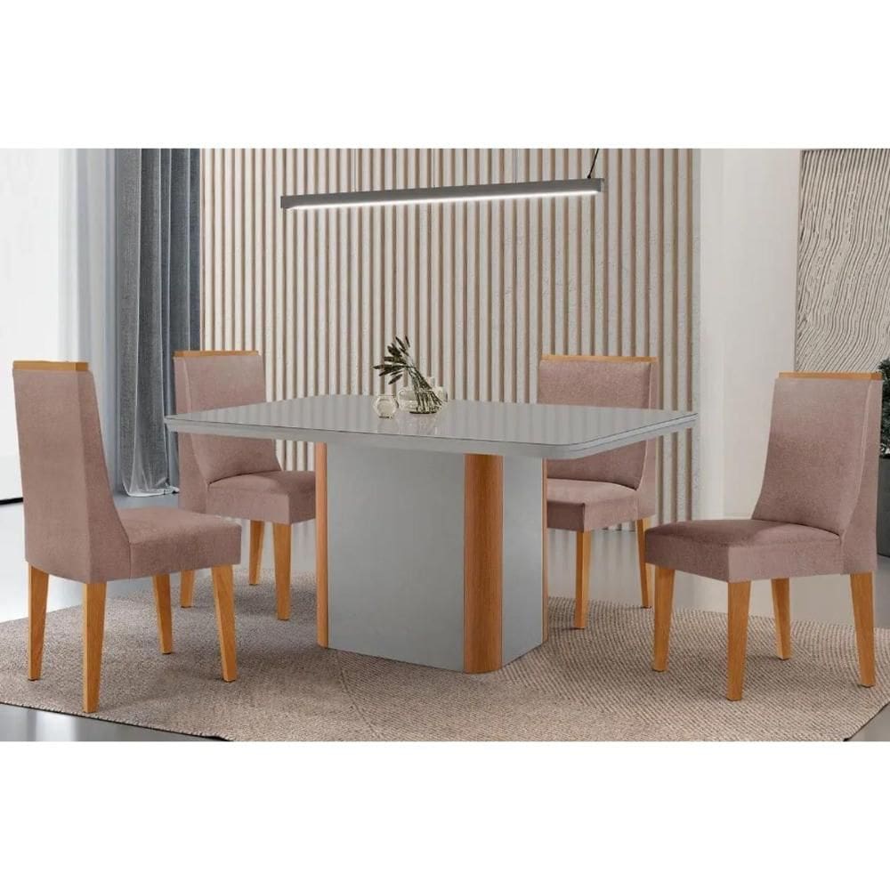Conjunto: Mesa de Cozinha Pietá Tampo c/ Vidro Curvo 120cm+4 Cadeiras Dakota Madeira Naturale/Off White - Capuccino/Suede Marrom - Rufato