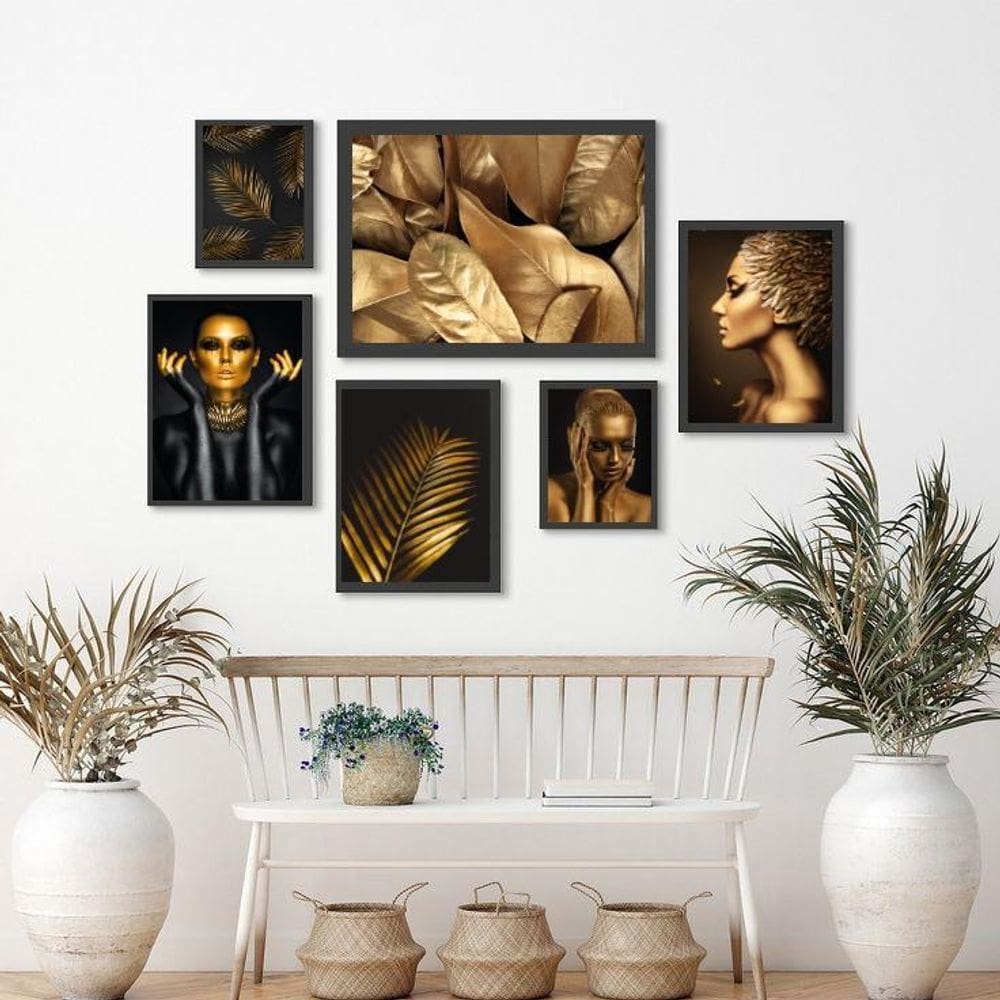 Kit 6 Quadros Folhas e Mulheres Douradas - Papel Brilhante