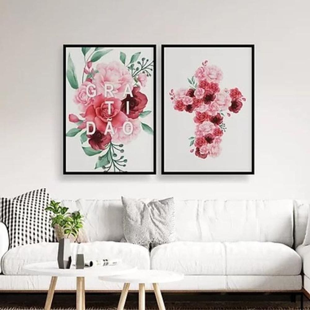 Quadros Gratitude e Cruz Flores 45x34cm - Madeira Preta
