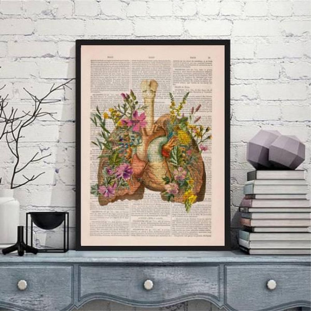 Quadro Decorativo Pulmão Com Flores 33X24Cm Moldura Preta