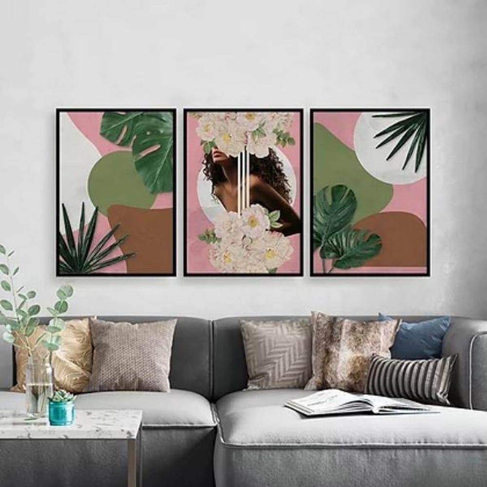 Kit  Quadros Mulher Com Flores E Folhas 45X34Cm 3 Peças