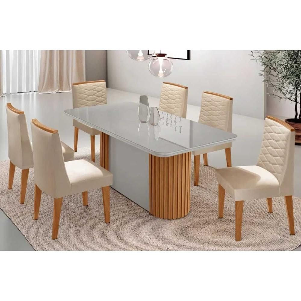 Conjunto: Mesa de Cozinha Pilar Curvo 180cm + 6 Cadeiras Maldivas Madeira Naturale/Off White - Capuccino/Suede Creme - Rufato