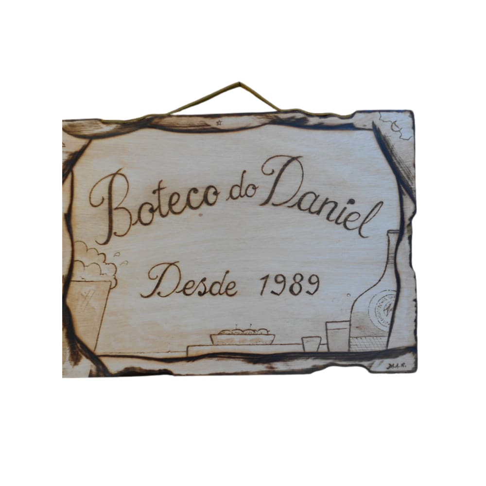 Placa Artesanal Pirografada Boteco Decorativo  sala cozinha bar envernizada suporte em couro