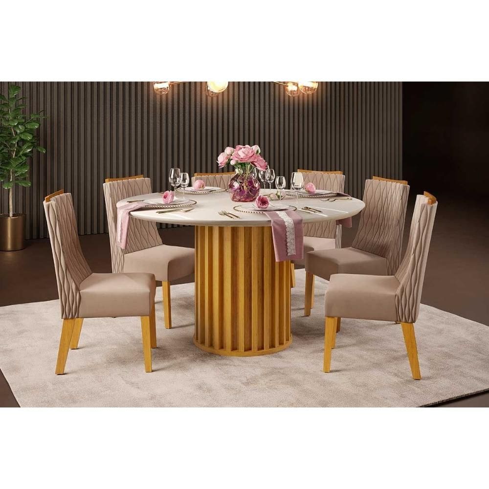 Conjunto: Mesa de Cozinha Viena c/ Tampo Madeirado c/ Vidro 136x136cm e 6 Cadeiras Jade Cedro/Off White - Suede Kraft - DJ Móveis