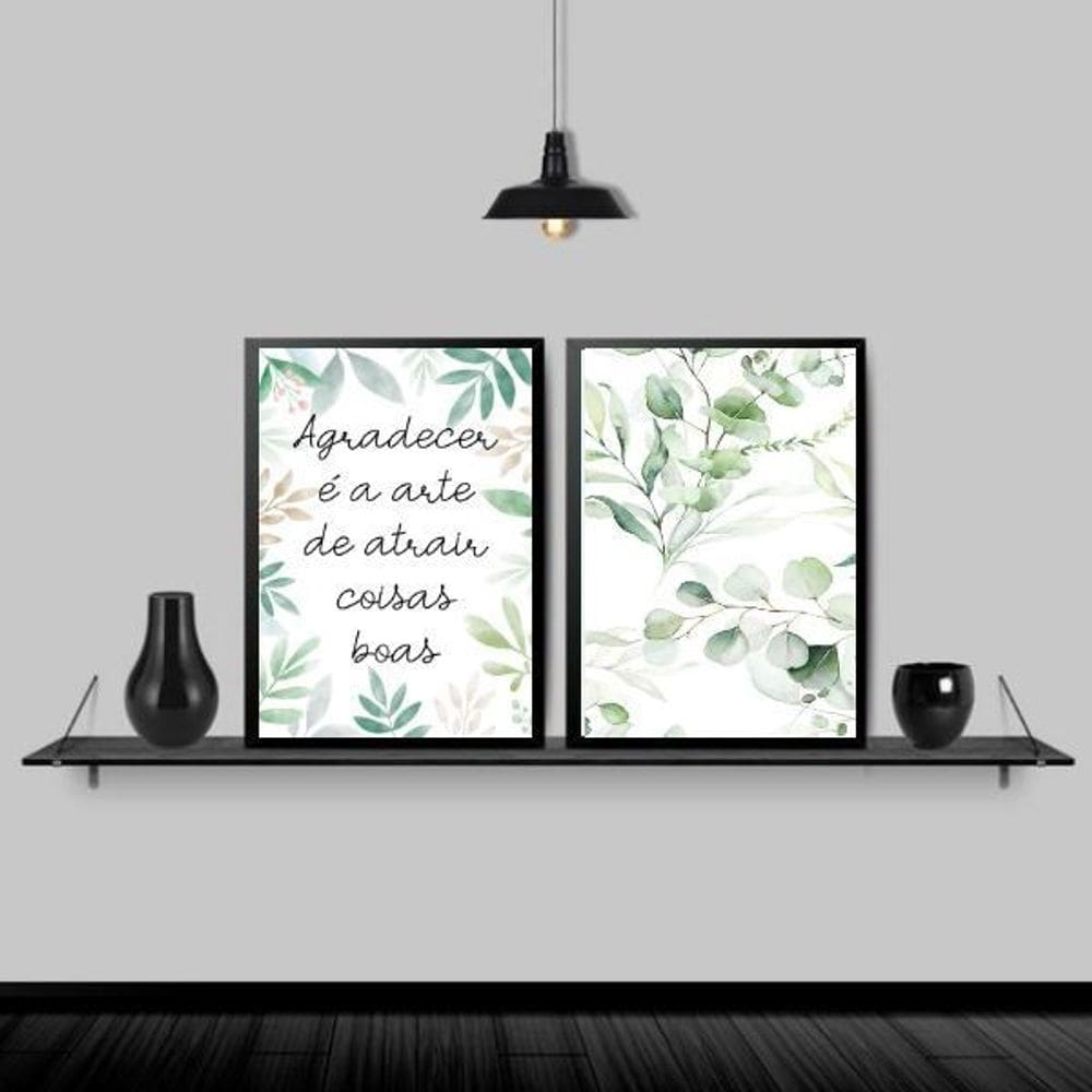 Kit 2 Quadros Aquarela Agradecer 33X24 Com Vidro - Preta