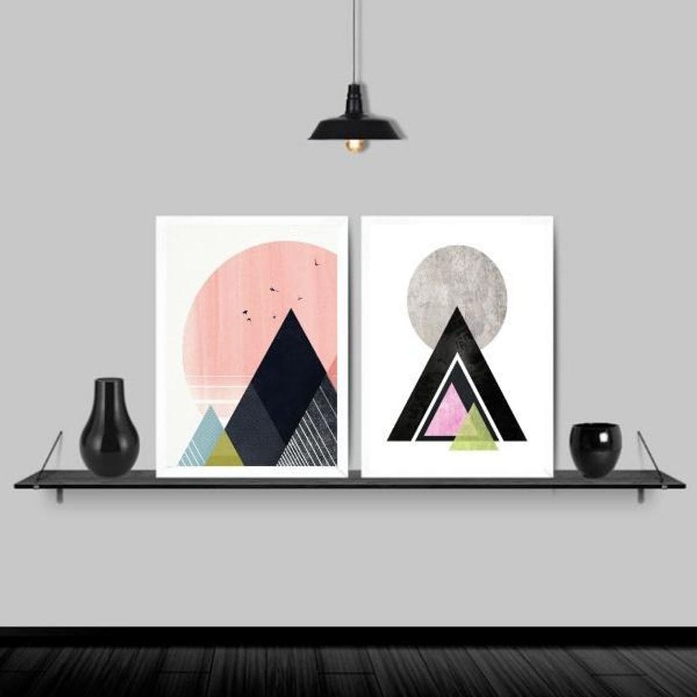 Kit 2 Quadros Modernos Triângulos Coloridos 24X18Cm Branca