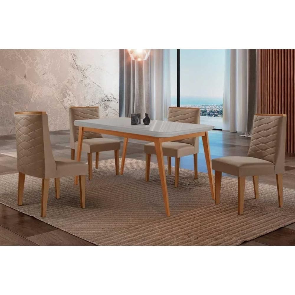 Conjunto: Mesa Sala Jantar Havana Tampo c/ Vidro Curvo 120cm+4 Cadeiras Dafne Madeira Naturale/Off White - Capuccino/Suede Capuccino - Rufato