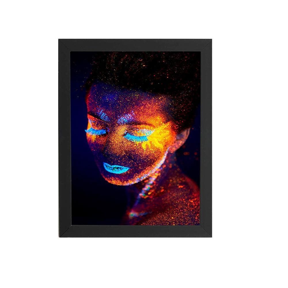 Mulher Maquiagem Neon Azul Quadro Moldura Preta 60X40Cm