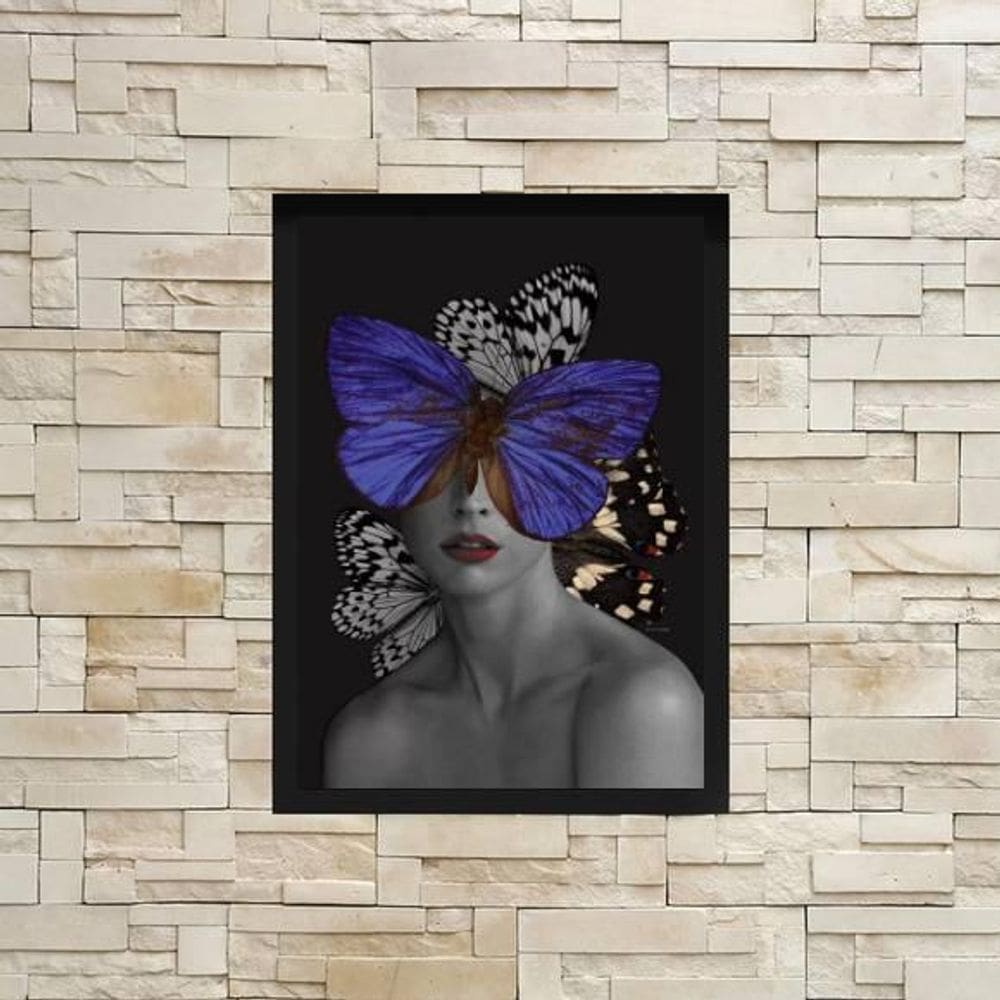Quadro Decorativo Mulher Com Borboleta Azul 24X18Cm