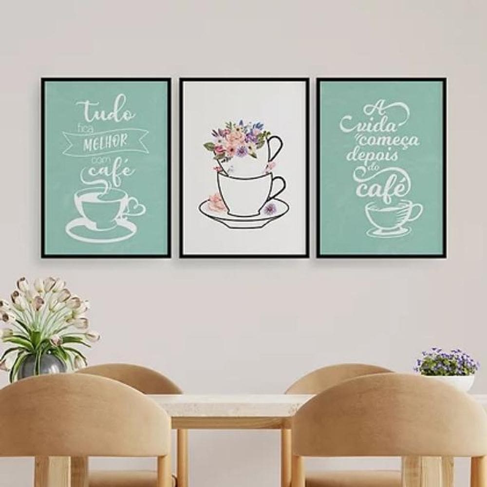 Kit 3 Quadros Tudo Fica Melhor Com Café 45X34Cm Vidro Preta