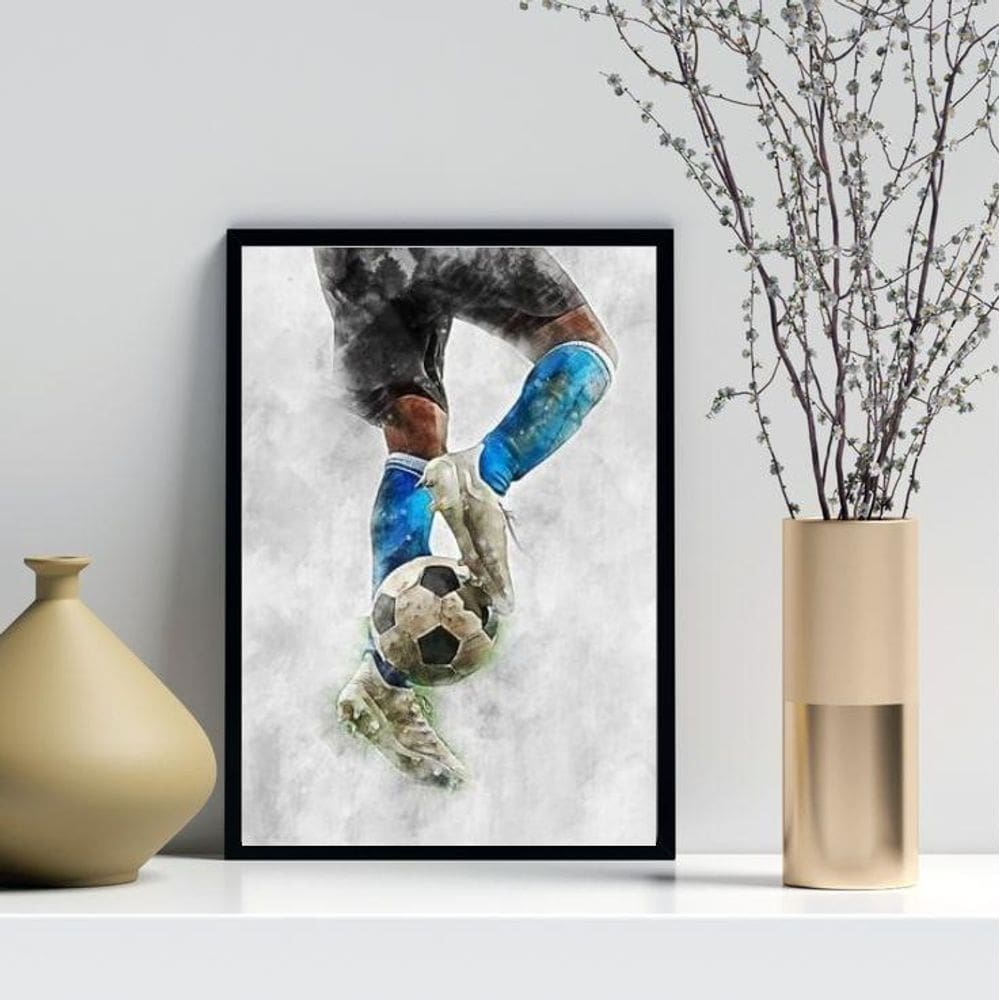 Quadro Decorativo Aquarela Futebol- Azul 33X24Cm - Com Vidro
