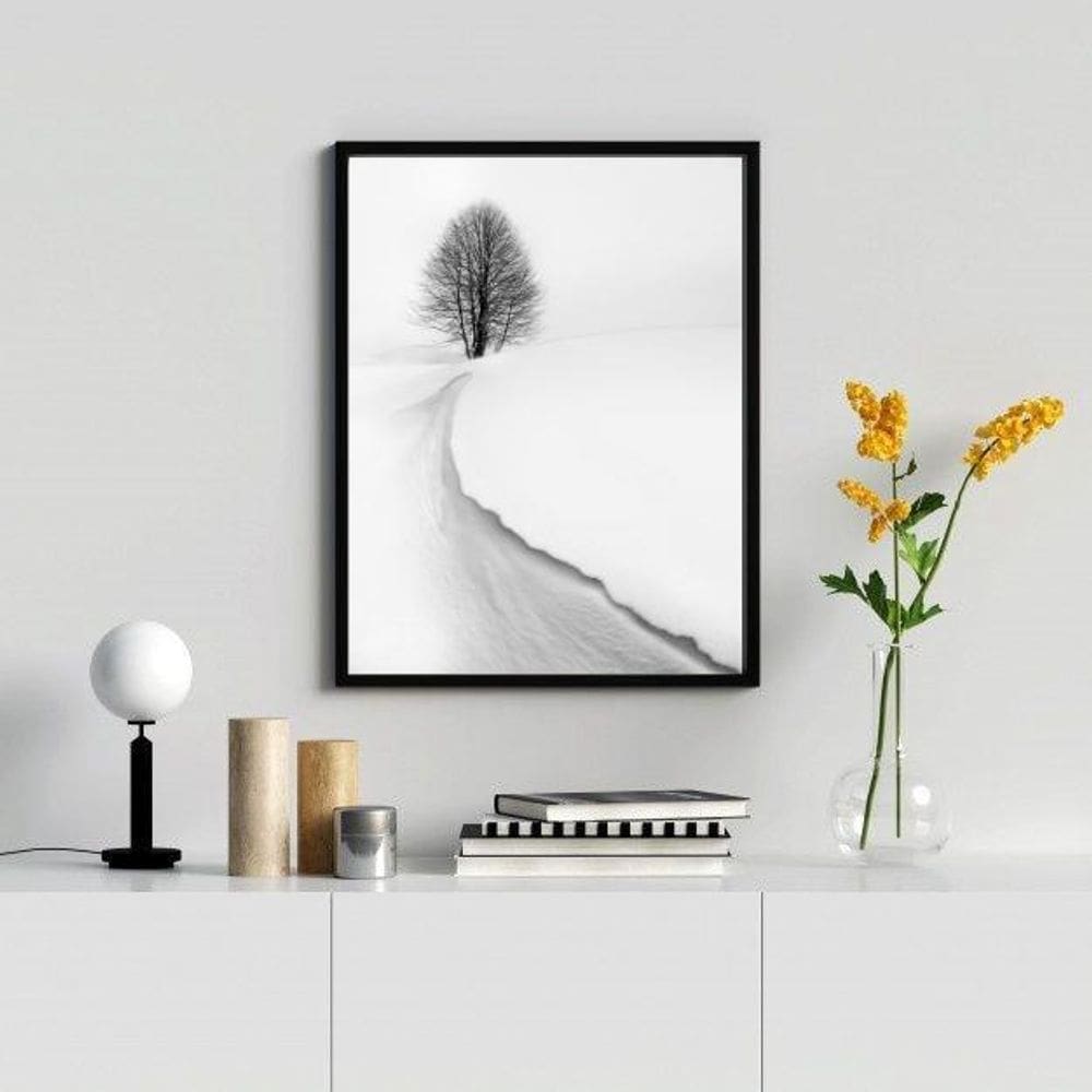 Quadro Paisagem Neve Árvore 24x18cm Moldura Branca