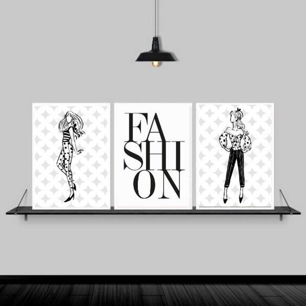 Kit 3 Quadros Moda Feminina Fashion 24X18Cm Com Vidro Branca