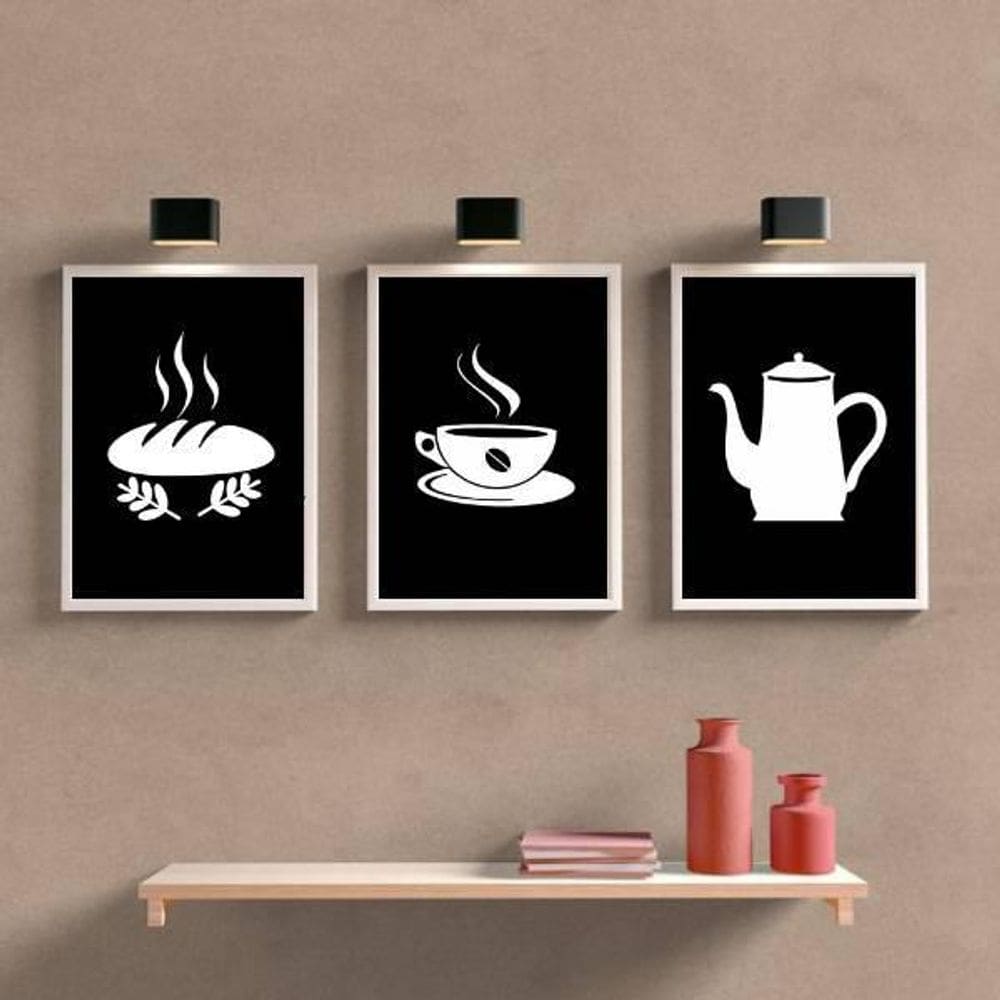 Kit 3 Quadros Time To Coffee 24X18Cm Moldura Branca