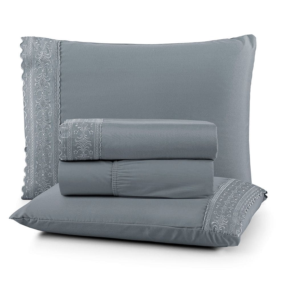 Jogo Cama king Cherry Bordado Inglês 4pç 100% Poliéster - Cinza