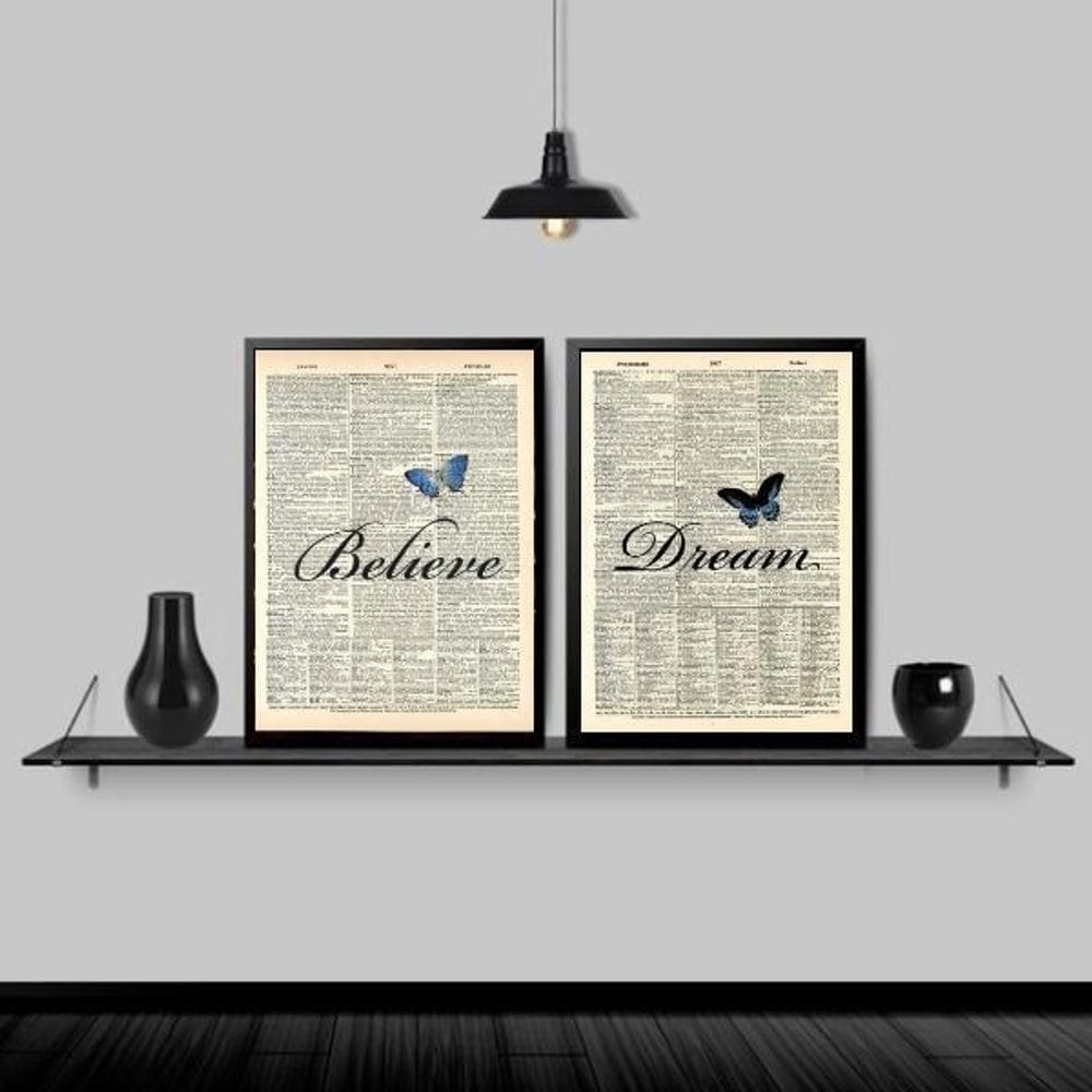 Kit 2 Quadros Dream Believe Borboleta 33X24Cm Madeira Preta