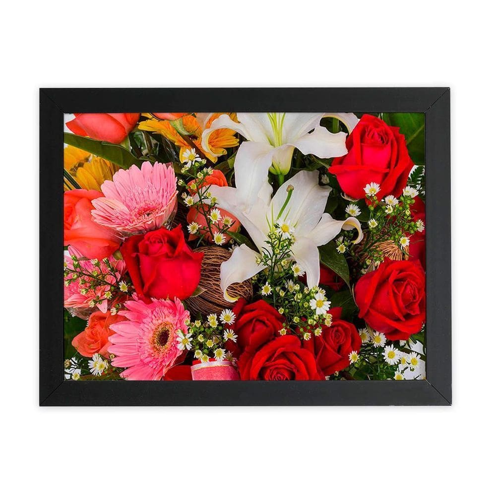 Quadro Buquê Mix De Flores Rosas Moldura Preta 60X40Cm