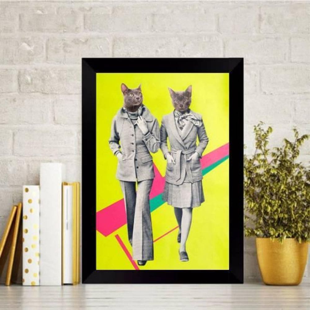 Quadro Decorativo Casal De Gatos Humanos 24X18Cm - Com Vidro