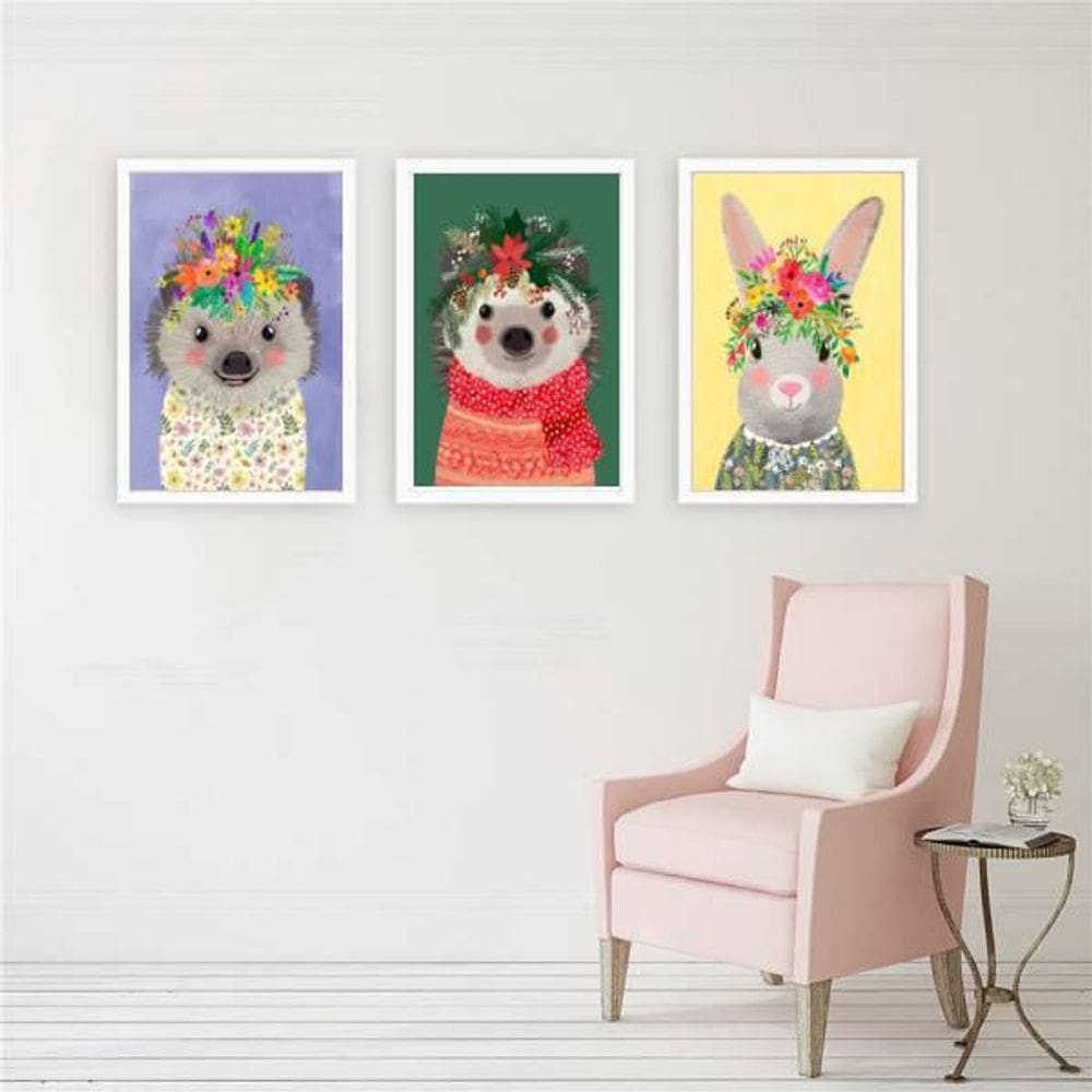 Kit Quadro Decorativo Bichinhos Com Coroa 45x34cm 3 Peças