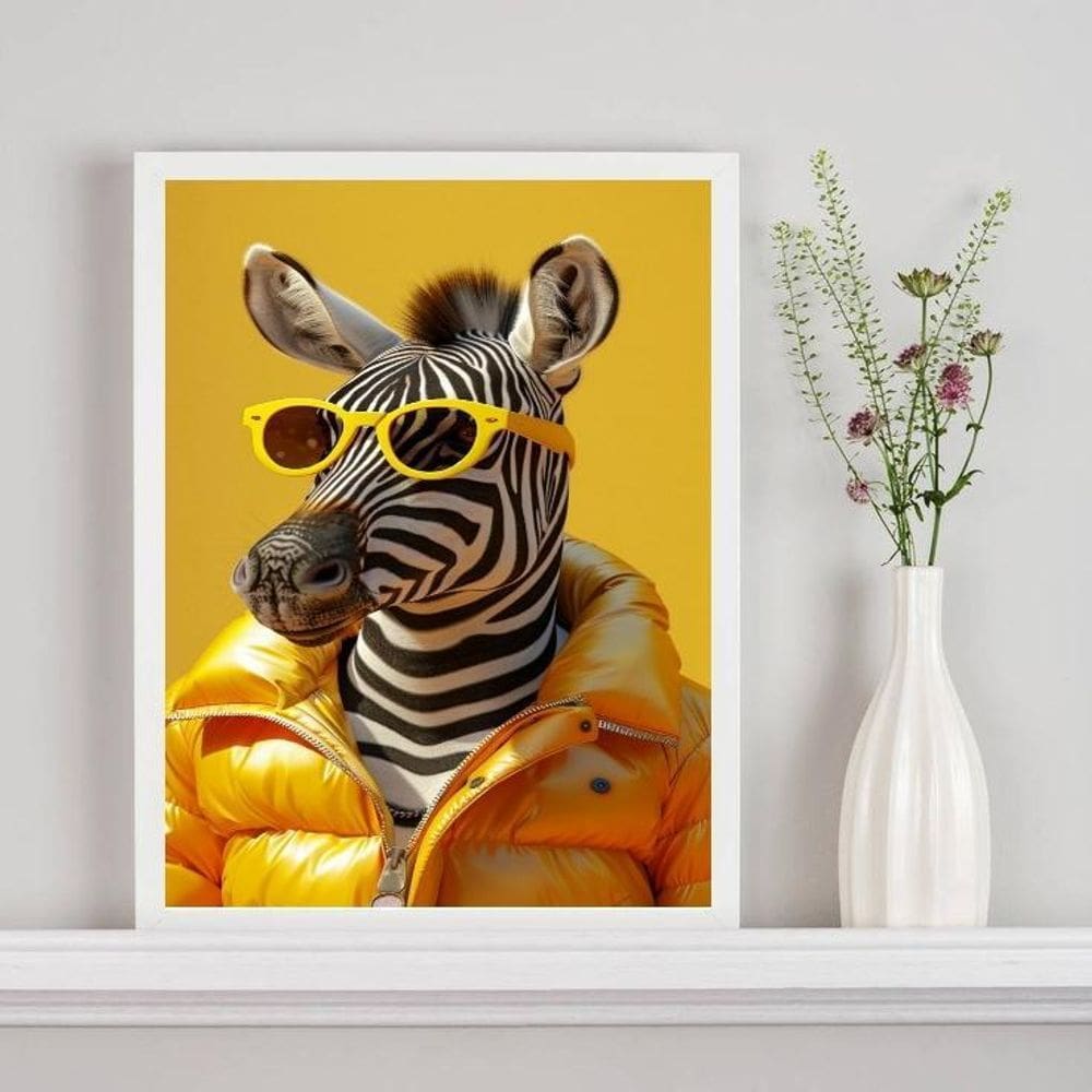 Quadro Zebra Fashion De Óculos Amarelo 24X18Cm