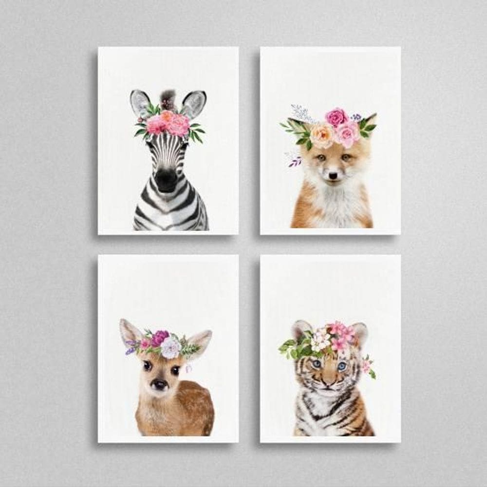 Kit 4 Quadros Bichinhos Com Coroas 45X34Cm Com Vidro Branca