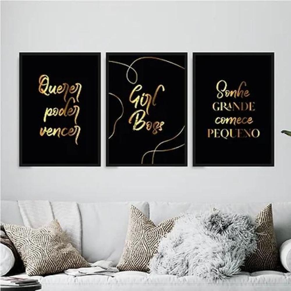 Kit 3 Quadros Poder Querer Vencer 45X34Cm - Com Vidro Preta