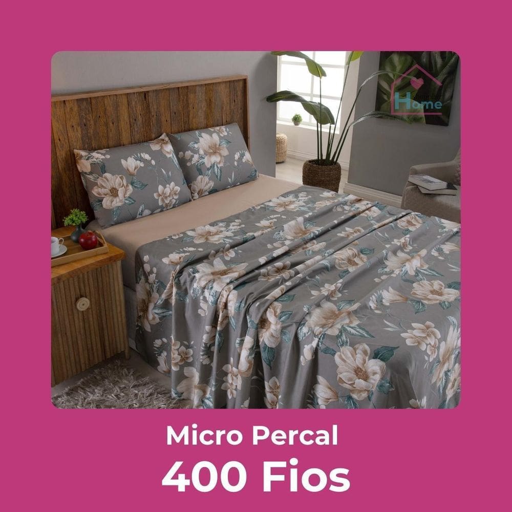 Lençol Casal 4 Peças Micropercal 400 Fios Floral Cinza Bege