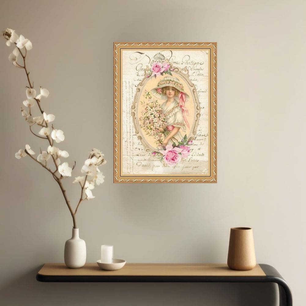 Quadro Decorativo Mulher Buquet Flores Vintage 24X18Cm Vidro