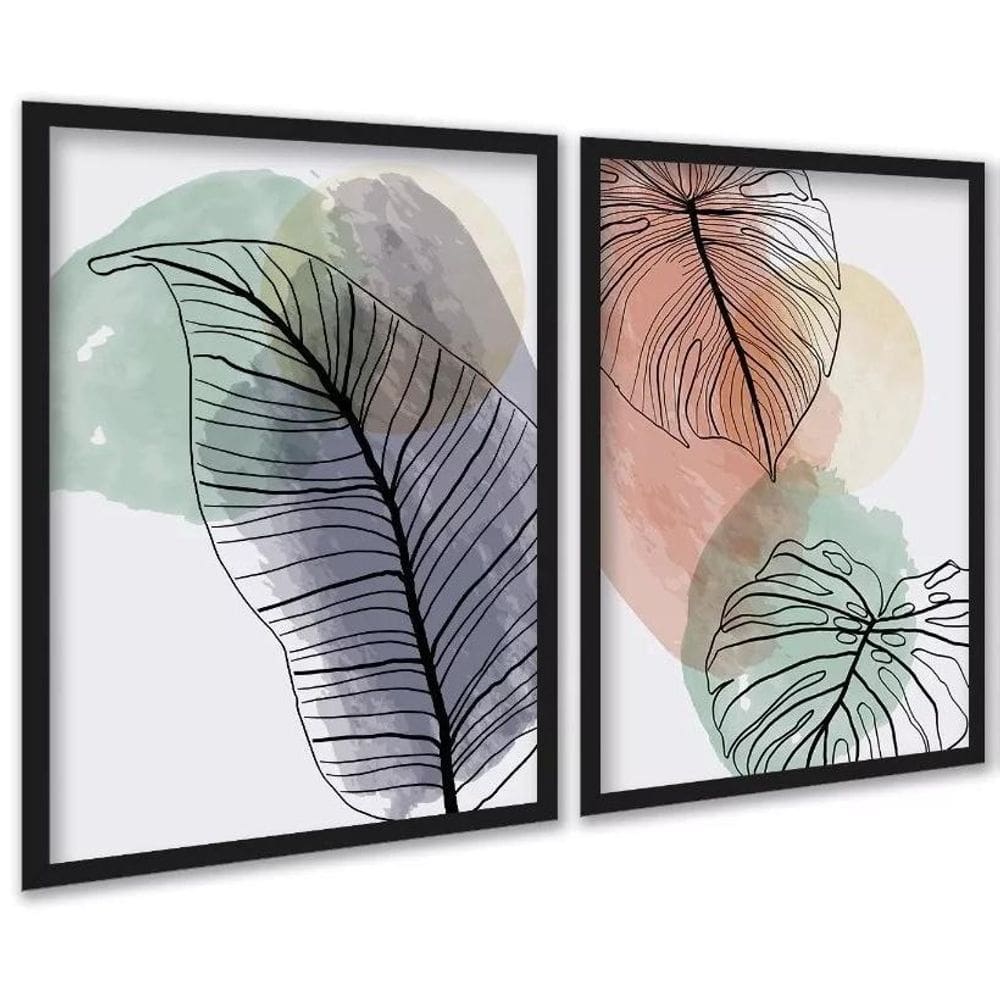Kit 2 Quadros Folhas Costela Adão Aquarela 33X24Cm