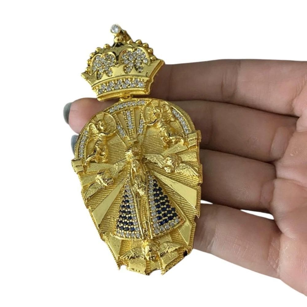 Pingente Santa Com Anjos Oval - Banhado A Ouro 18K