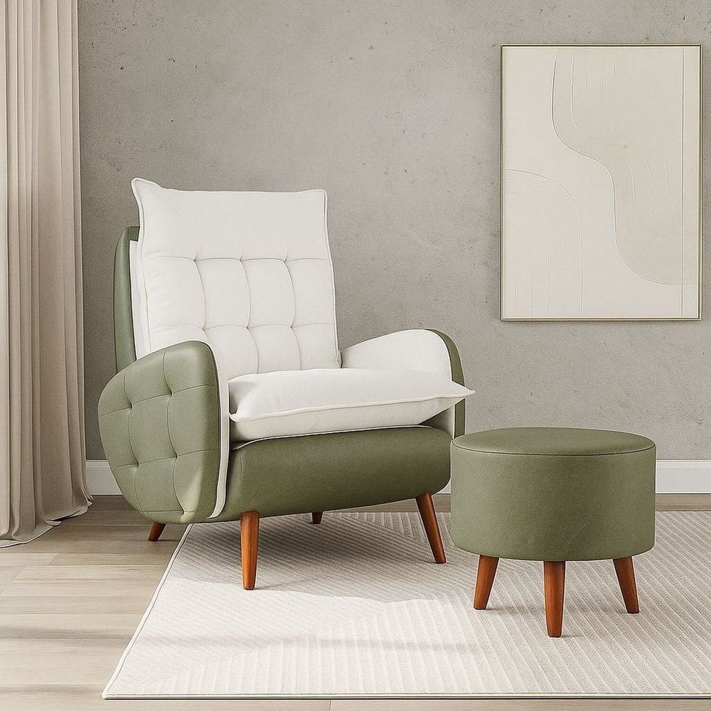 Poltrona Plus para Sala de Estar com Puff Eloá Verde/Branco