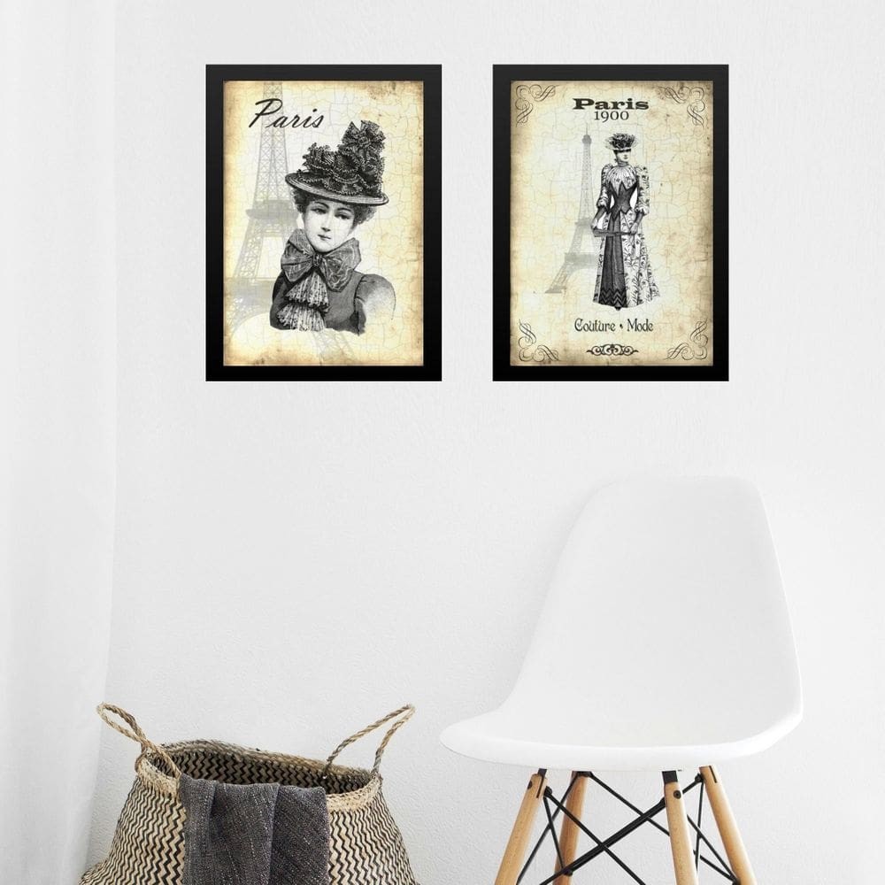 Kit 2 Quadros Vintage Moda - Dama Paris 33X24Cm