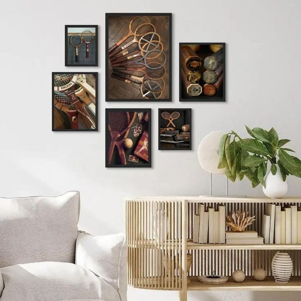 Composição 6 Quadros Fotos Raquetes De Tênis Antigas - Vidro