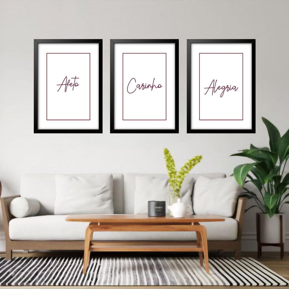 Kit 3 Quadros Grandes Afeto Carinho E Alegria 60X48Cm