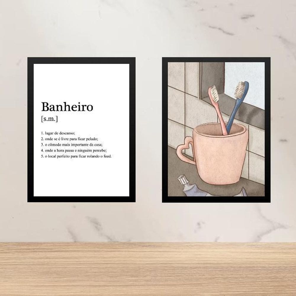 Kit 2 Quadros Banheiro Casal - Escovas De Dente 24X18Cm