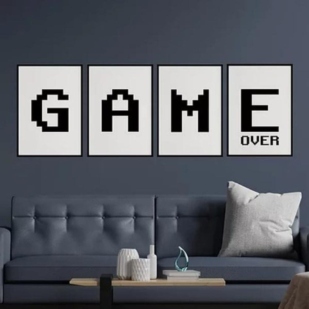 Kit Quadros Game Over Preto E Branco 33X24Cm 4 Peças