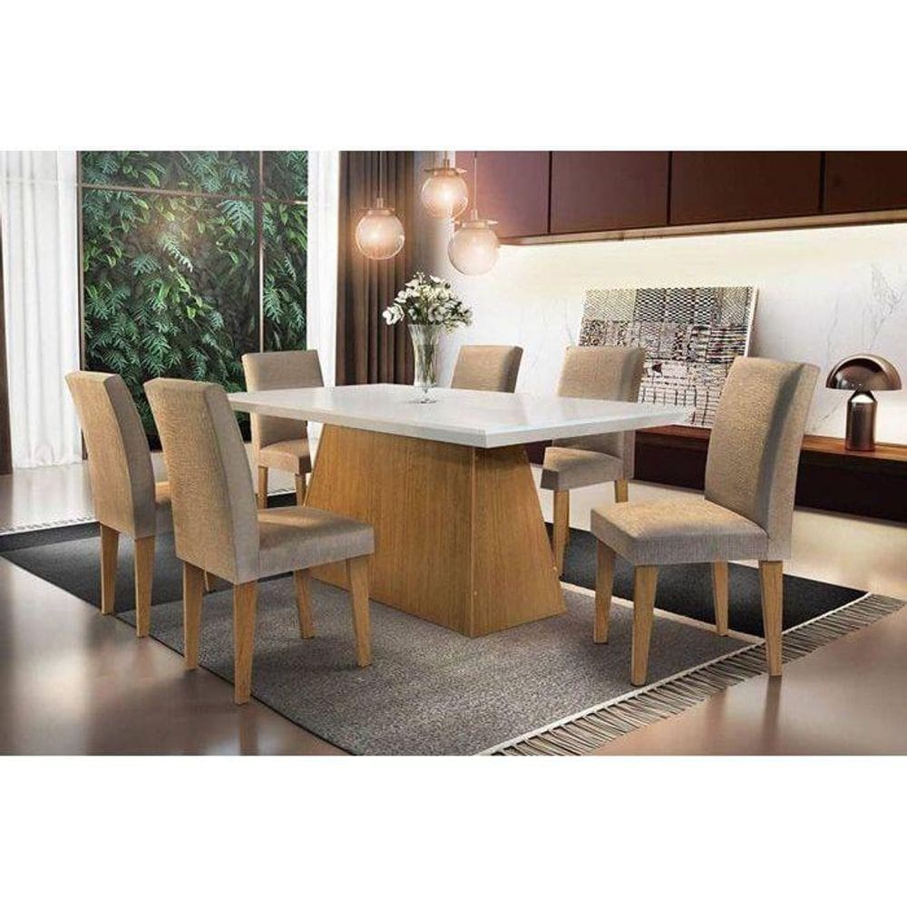Conjunto: Mesa de Cozinha Luna Tampo Madeirado c/ Vidro Canto Reto 180x90cm e 6 Cadeiras Grécia Capuccino/Suede Capuccino - Rufato