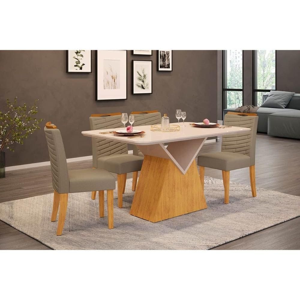 Conjunto: Mesa Sala Jantar Argo c/ Tampo Madeirado c/ Vidro Curvo 136x90cm e 4 Cadeiras Julia Cedro/Off White - Linho Bege - DJ Móveis