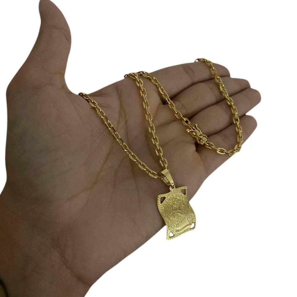 Cordão Cadeado 3Mm + Pingente Rosto Cristo - Banhado A Ouro
