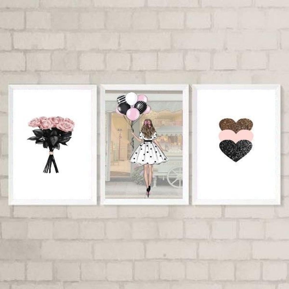 Kit 3 Quadros Moda Fashion Flores Corações 33X24Cm Branca