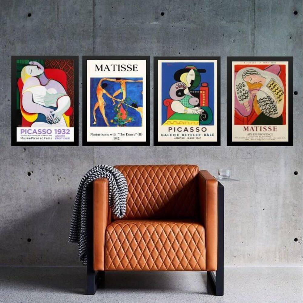 Kit 4 Quadros Vintage Posters Picasso E Matisse 45X34Cm