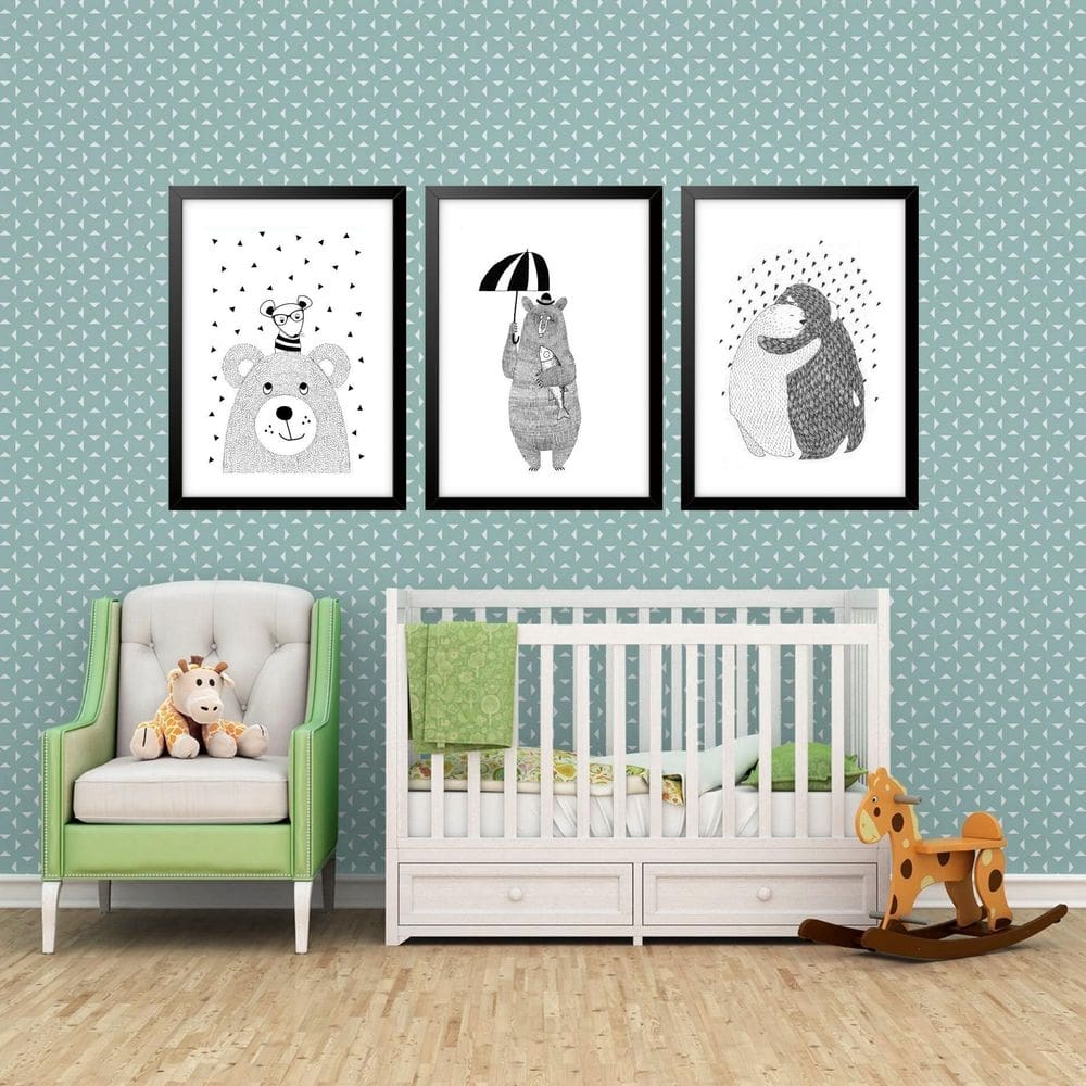 Kit 3 Quadros Grandes Quarto Infantil Ursinhos 60X48Cm