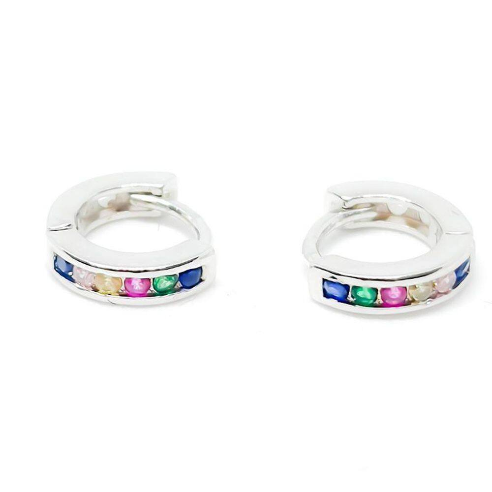 Brinco Sil Two Argola Zirconias Coloridas Folheado Rodio