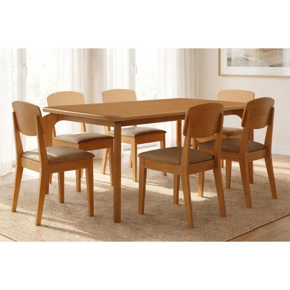 Conjunto: Mesa de Cozinha Londrina Tampo Curvo 180cm+6 Cadeiras Havana Naturale - Linho Capuccino - Rufato